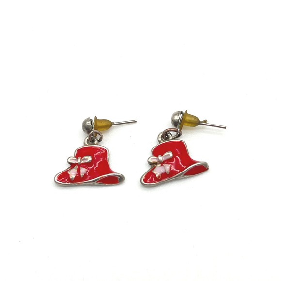 Red Hat Dangle Earrings with Bow Silver Tone Cute Fun Costume Jewelry - Picture 1 of 3